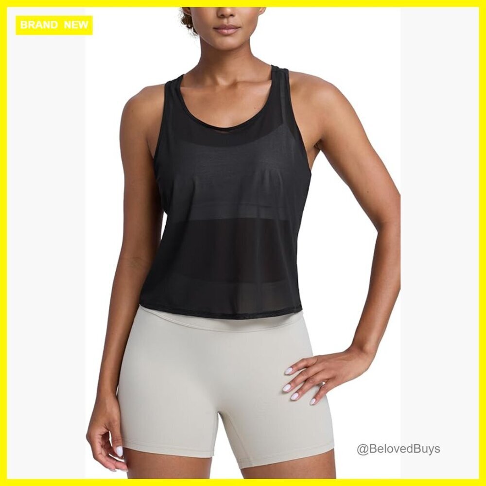 Mesh Racerback Tank Top, Sheer Scoop Neck, Athletic Workout Shirt